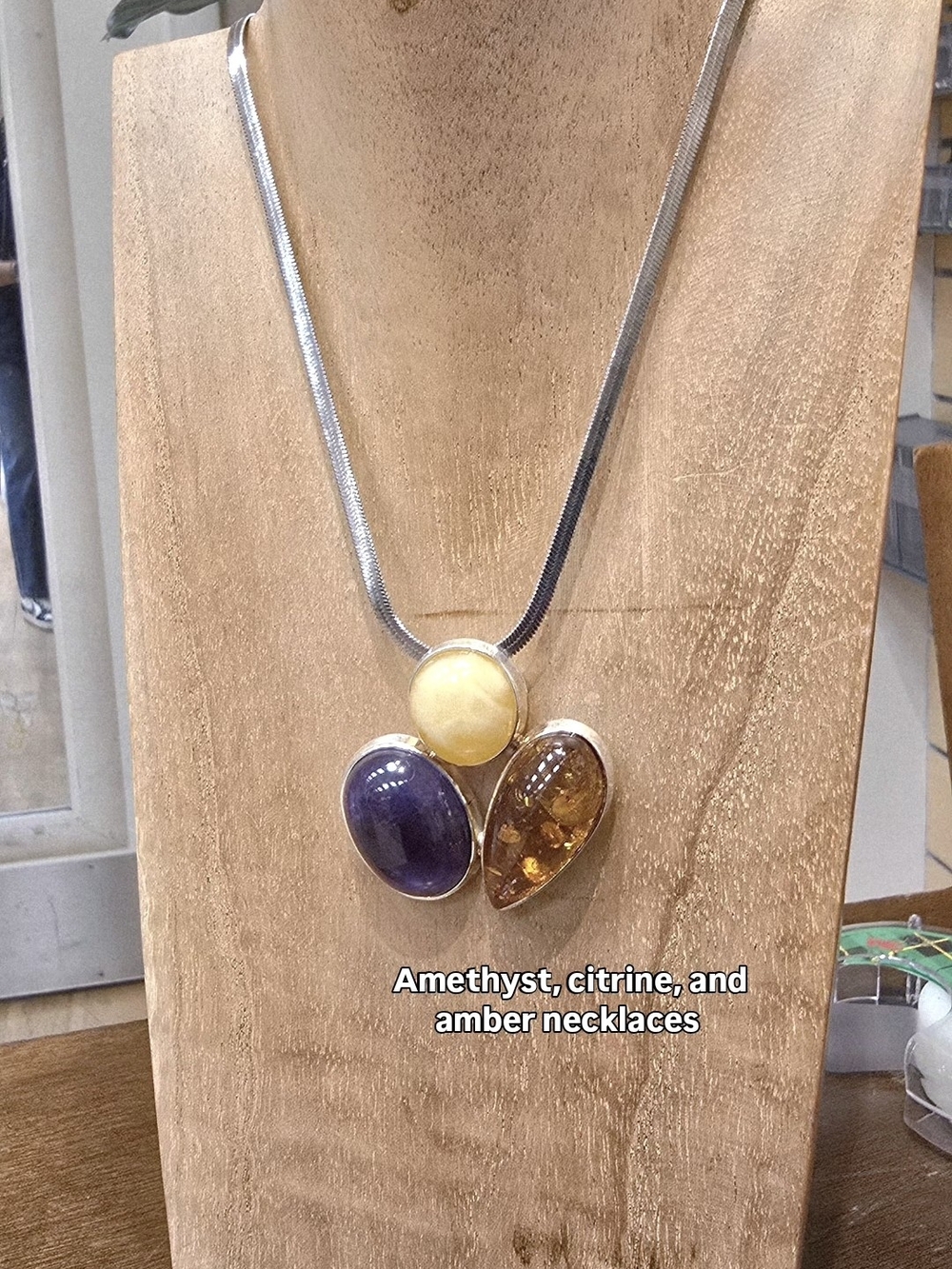 Sterling Silver Triple Gemstone Pendant Necklace - Amethyst, Citrine & Amber